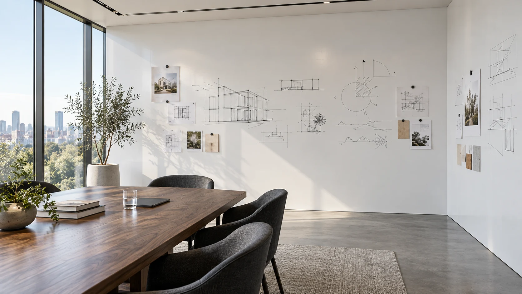 Architectural concept of a bright collaboration room with a large dry erase writing wall